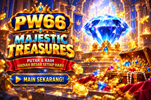 Game PW66 Majestic Treasures dengan berlian biru dan harta karun emas.